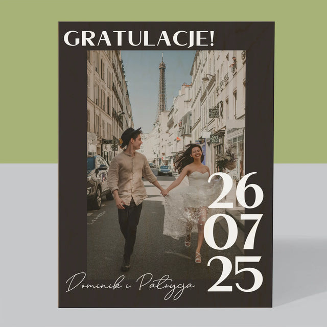 Zdjęcie i Podpis: Gratulacje z Okazji Ślubu - Wydruk Na Drewnie