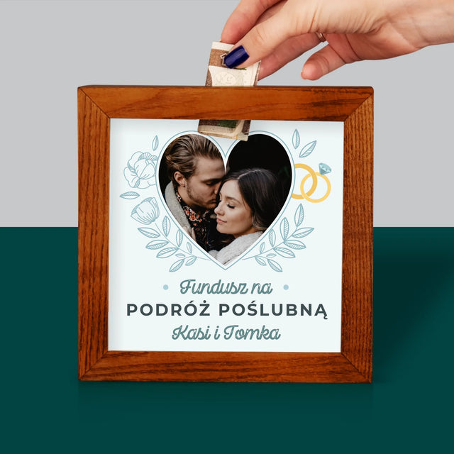 Zdjęcie I Podpis: Na Podróż Poślubną - Drewniana Skarbonka