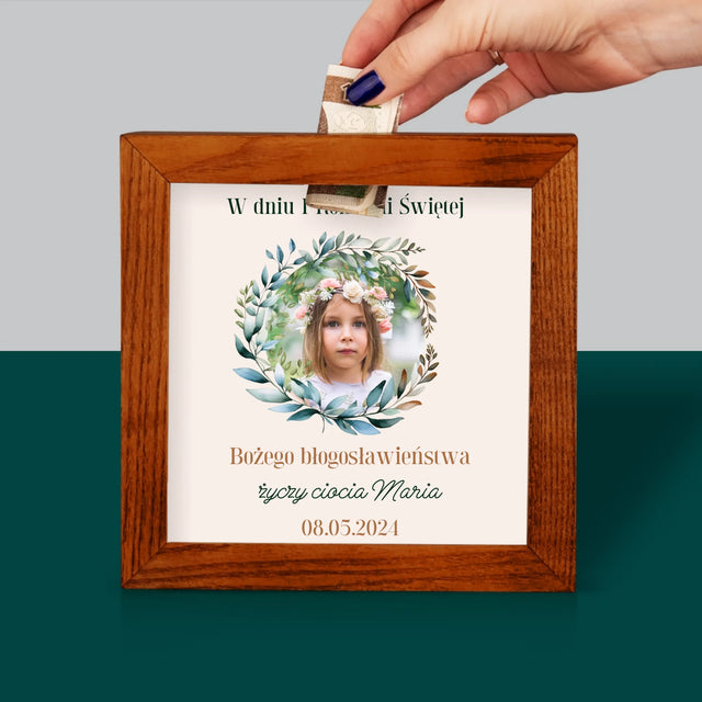 Zdjęcie I Podpis: W Dniu I Komunii Świętej - Drewniana Skarbonka