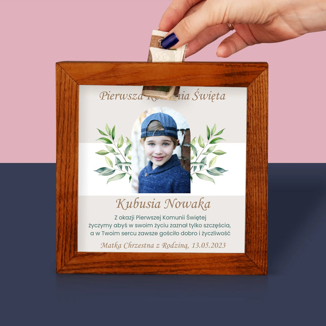 Zdjęcie I Podpis: Pierwsza Komunia Święta Życzenia - Drewniana Skarbonka