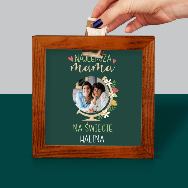 Zdjęcie I Podpis: Najlepsza Mama Świat - Drewniana Skarbonka