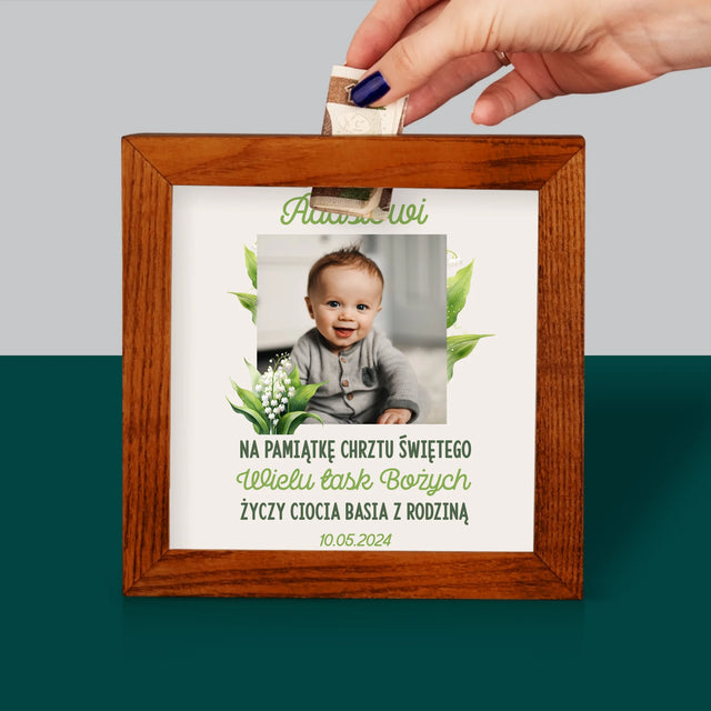 Zdjęcie I Podpis: Pamiątka Chrztu Konwalie - Drewniana Skarbonka