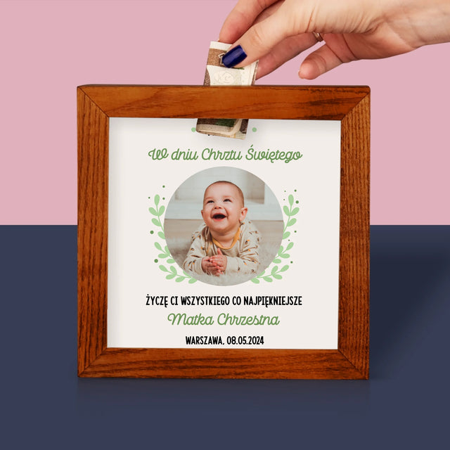 Zdjęcie I Podpis: Z Okazji Chrztu Świętego - Drewniana Skarbonka