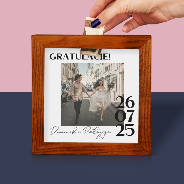 Zdjęcie I Podpis: Gratulacje Z Okazji Ślubu - Drewniana Skarbonka