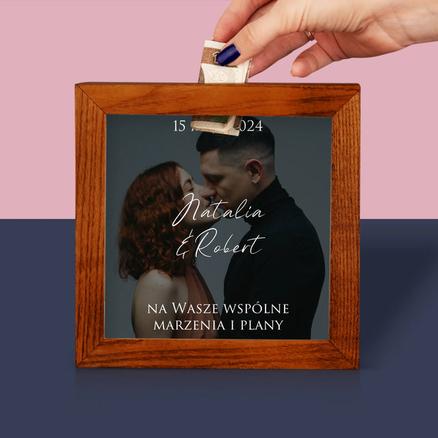 Zdjęcie I Podpis: Ślubne Zdjęcie Życzenia - Drewniana Skarbonka