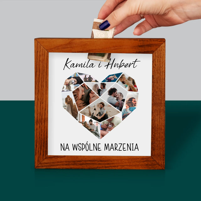 Fotokolaż: Serce Geometryczne - Drewniana Skarbonka