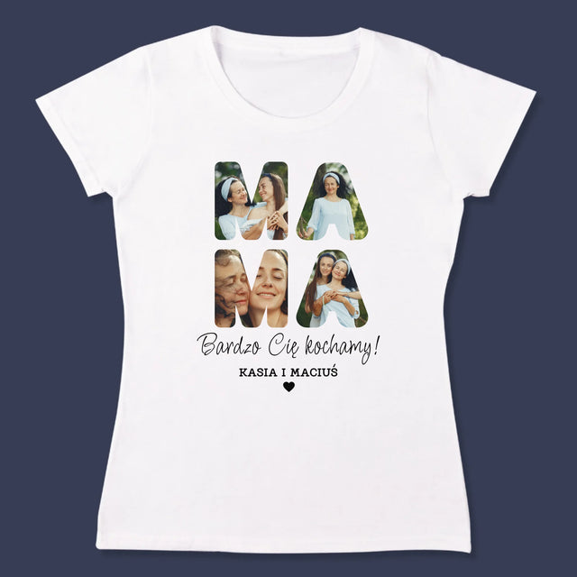 Słowo Ze Zdjęć: Mamo Bardzo Cię Kochamy - Koszulka Damska z Nadrukiem