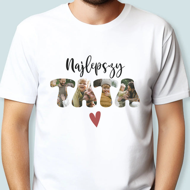 Zdjęcie I Podpis: Najlepszy Tata Serce - Koszulka Męska z Nadrukiem