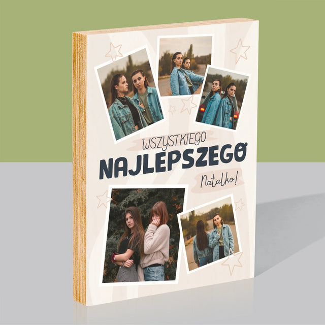 Fotokolaż: Wszystkiego Najlepszego Gwiazdki - Wydruk Na Drewnie