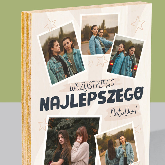 Fotokolaż: Wszystkiego Najlepszego Gwiazdki - Wydruk Na Drewnie