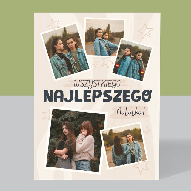 Fotokolaż: Wszystkiego Najlepszego Gwiazdki - Wydruk Na Drewnie