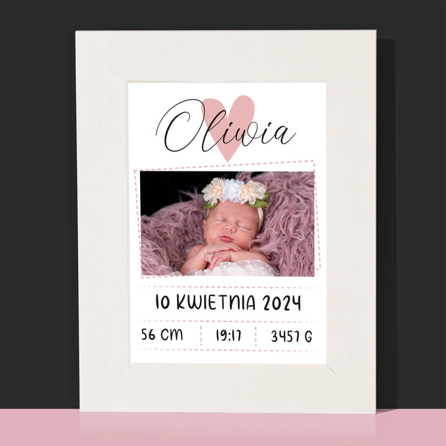 Metryczka Dziecka: Serduszko Dziewczynka - Ramka Na Zdjęcie