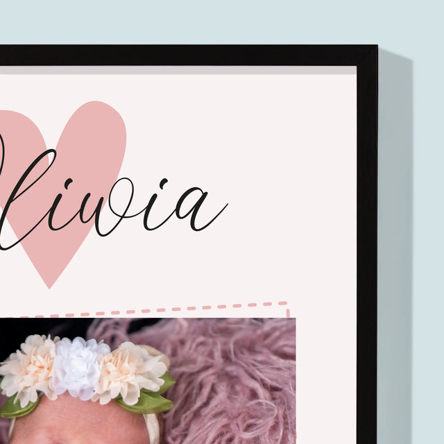 Metryczka Dziecka: Serduszko Dziewczynka - Wydruk Obramowany