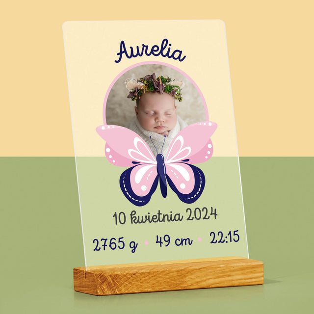 Metryczka Dziecka: Motylek - Wydruk Na Szkle Akrylowym