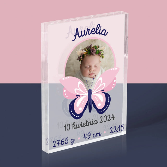 Metryczka Dziecka: Motylek - Blok Akrylowy z Nadrukiem