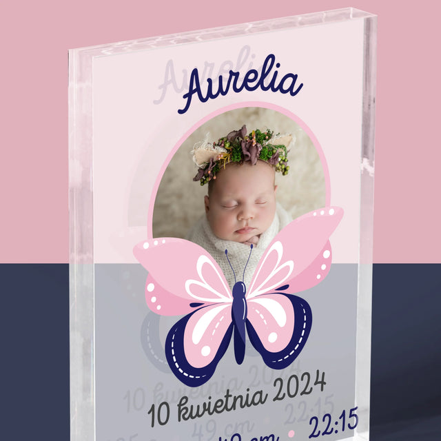Metryczka Dziecka: Motylek - Blok Akrylowy z Nadrukiem