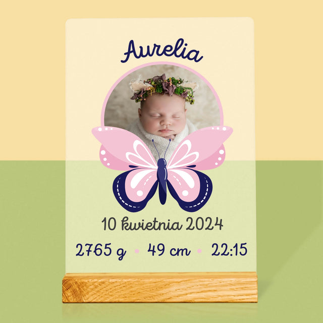 Metryczka Dziecka: Motylek - Wydruk Na Szkle Akrylowym