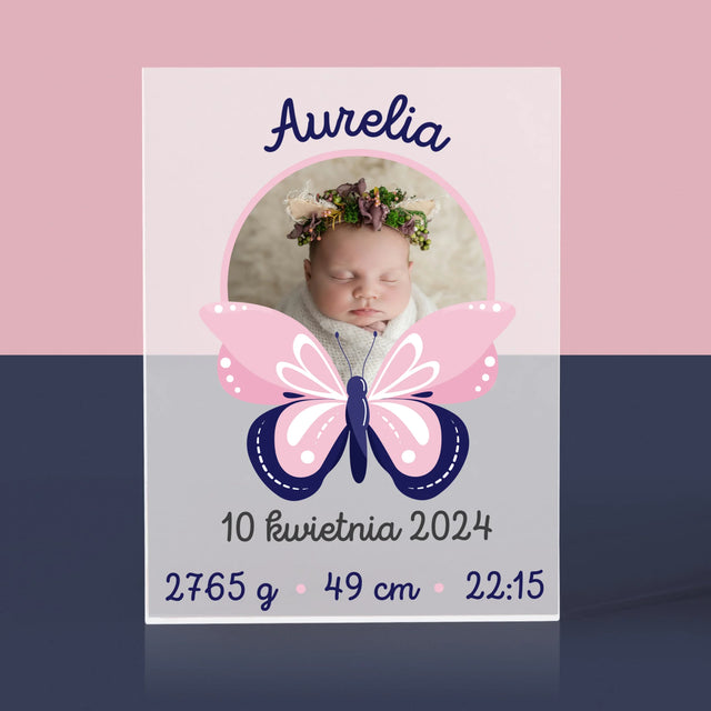 Metryczka Dziecka: Motylek - Blok Akrylowy z Nadrukiem