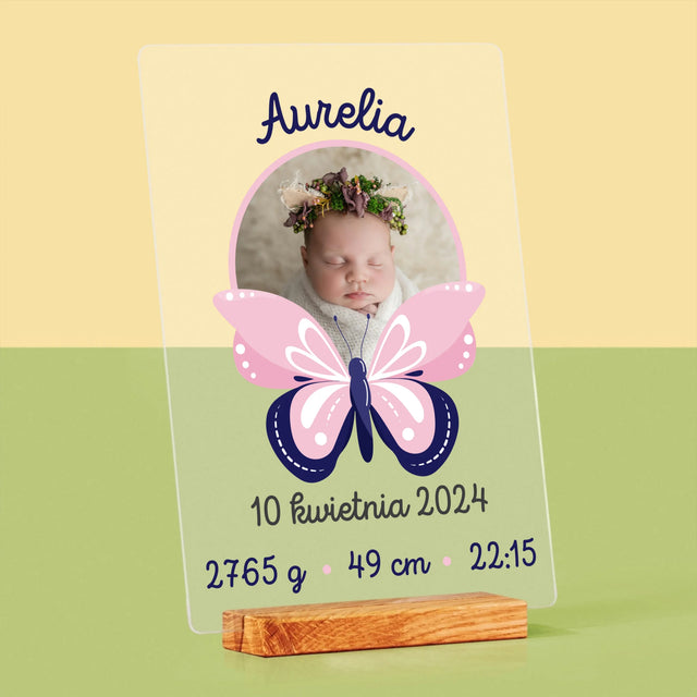 Metryczka Dziecka: Motylek - Wydruk Na Szkle Akrylowym