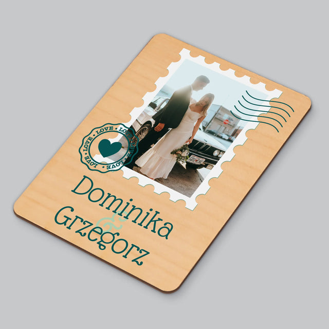 Zdjęcie i Podpis: Ślubna Pocztówka - Magnes Drewniany