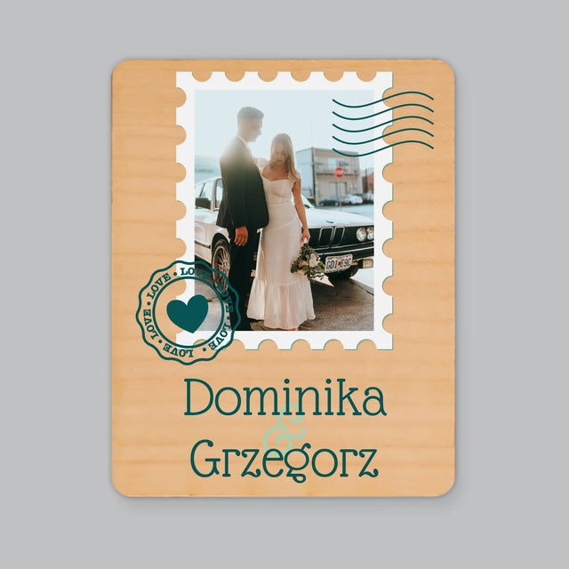 Zdjęcie i Podpis: Ślubna Pocztówka - Magnes Drewniany
