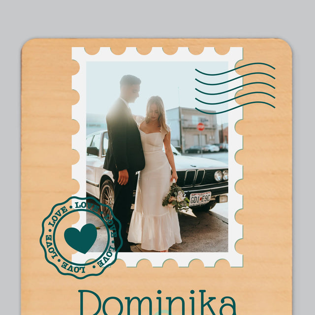 Zdjęcie i Podpis: Ślubna Pocztówka - Magnes Drewniany