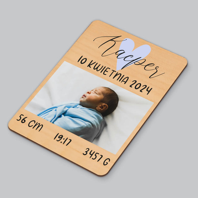 Metryczka Dziecka: Serduszko Chłopiec - Magnes Drewniany