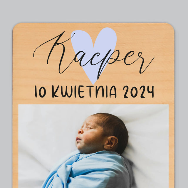 Metryczka Dziecka: Serduszko Chłopiec - Magnes Drewniany