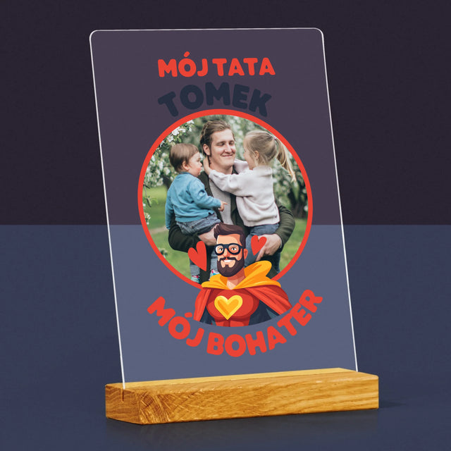 Zdjęcie i Podpis: Tata Mój Bohater - Wydruk Na Szkle Akrylowym