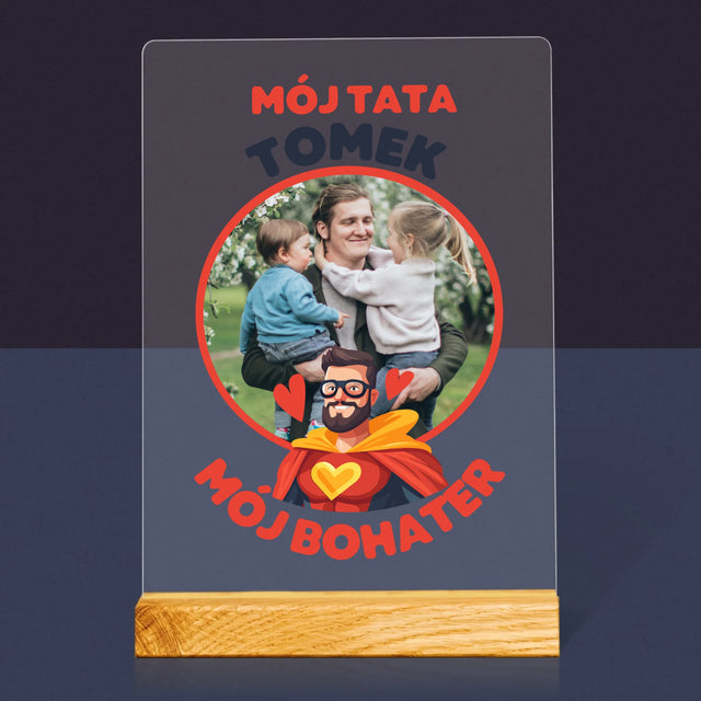 Zdjęcie i Podpis: Tata Mój Bohater - Wydruk Na Szkle Akrylowym