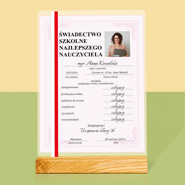 Zdjęcie I Podpis: Świadectwo Najlepszego Nauczyciela - Wydruk Na Szkle Akrylowym
