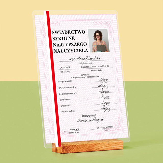 Zdjęcie I Podpis: Świadectwo Najlepszego Nauczyciela - Wydruk Na Szkle Akrylowym