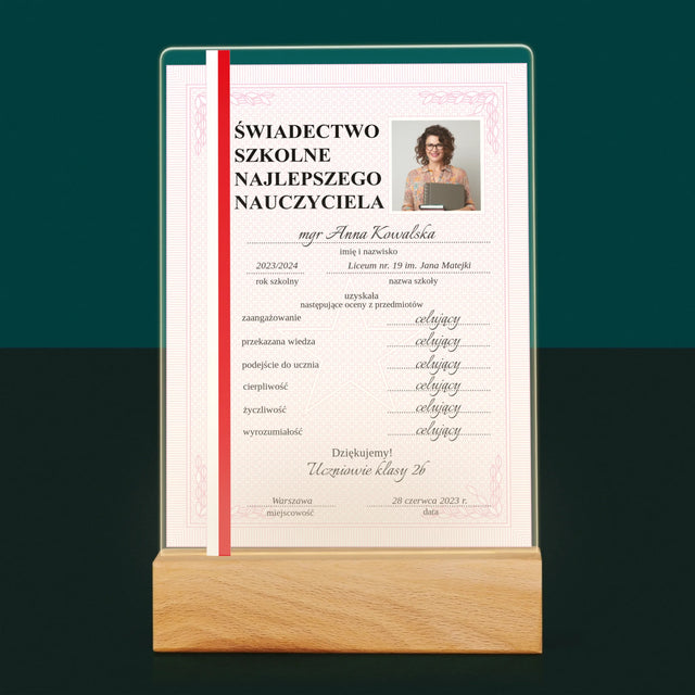 Zdjęcie I Podpis: Świadectwo Najlepszego Nauczyciela - Wydruk Na Szkle Akrylowym