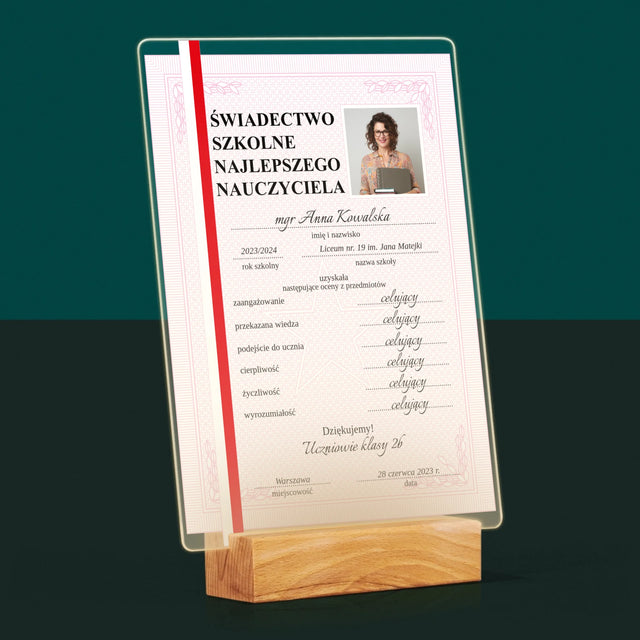 Zdjęcie I Podpis: Świadectwo Najlepszego Nauczyciela - Wydruk Na Szkle Akrylowym
