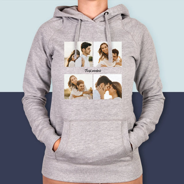 Fotokolaż: 4 Zdjęcia i Podpis - Bluza Damska z Kapturem