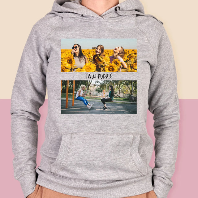 Fotokolaż: 2 Zdjęcia i Podpis - Bluza Damska z Kapturem