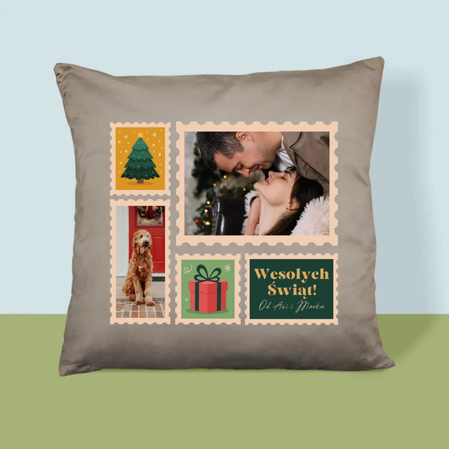 Fotokolaż: Świąteczne Znaczki Pocztowe - Poduszka z Nadrukiem
