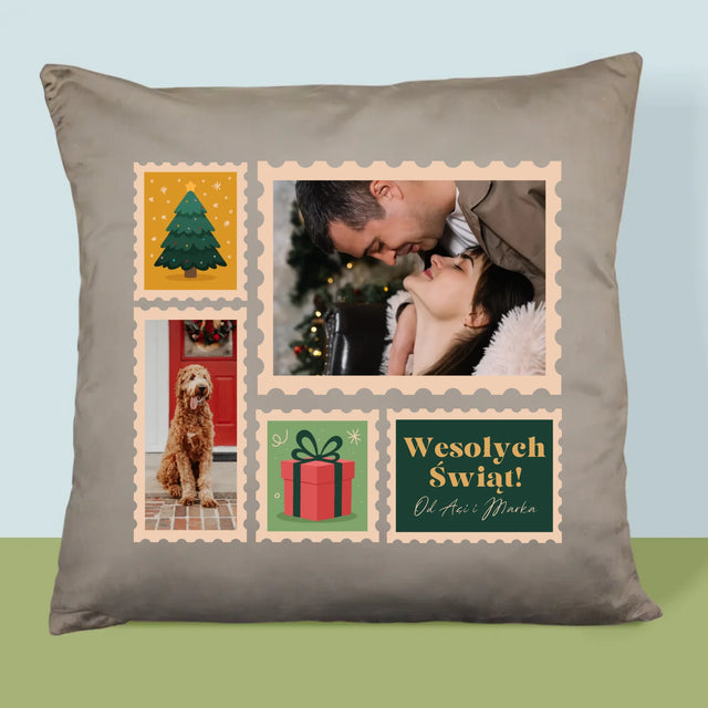 Fotokolaż: Świąteczne Znaczki Pocztowe - Poduszka z Nadrukiem