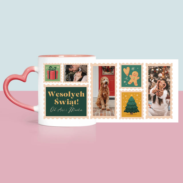 Fotokolaż: Świąteczne Znaczki Pocztowe - Kubek z Nadrukiem
