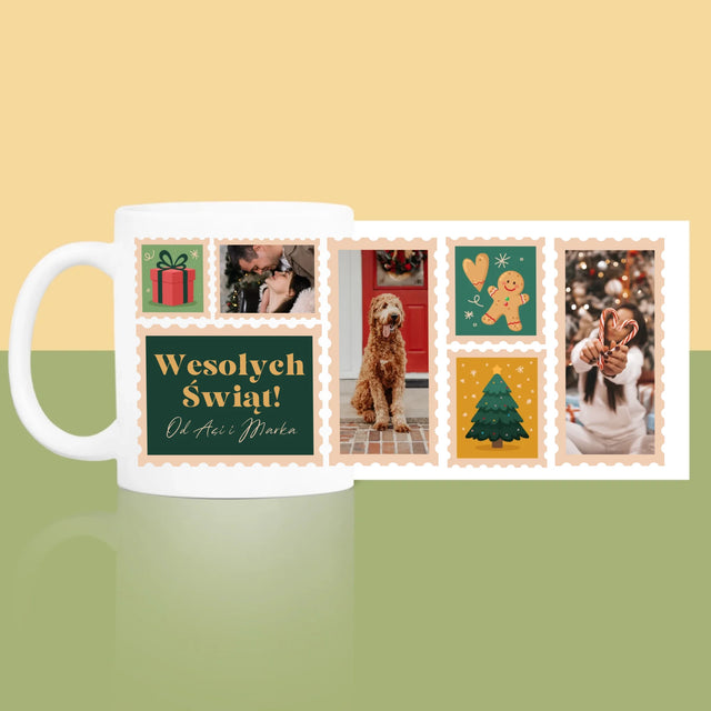 Fotokolaż: Świąteczne Znaczki Pocztowe - Kubek z Nadrukiem