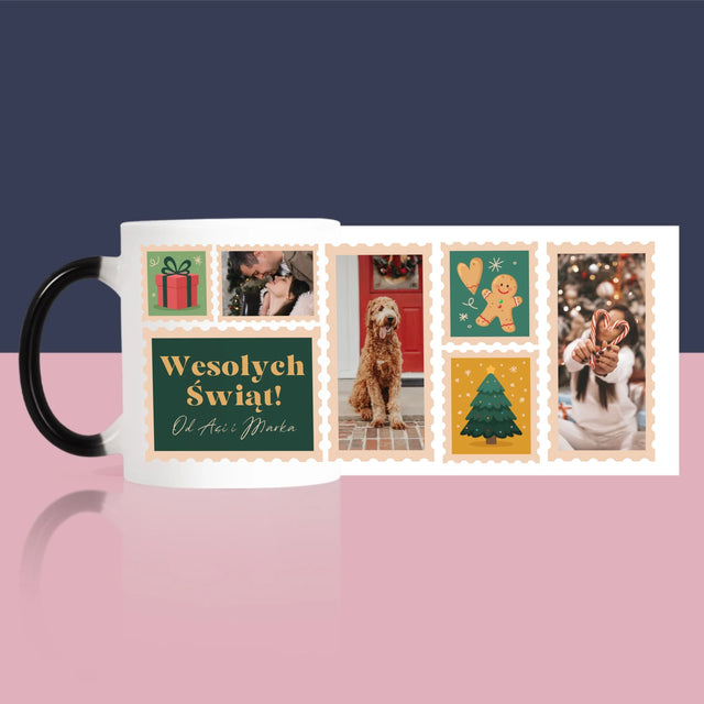 Fotokolaż: Świąteczne Znaczki Pocztowe - Kubek z Nadrukiem