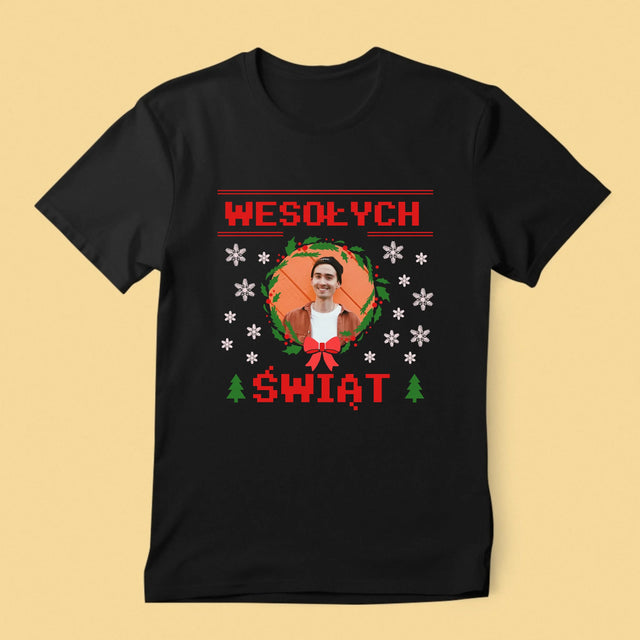 Zdjęcie I Podpis: Świąteczny Sweter - Koszulka Męska z Nadrukiem
