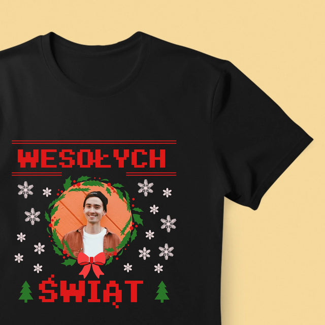 Zdjęcie I Podpis: Świąteczny Sweter - Koszulka Męska z Nadrukiem