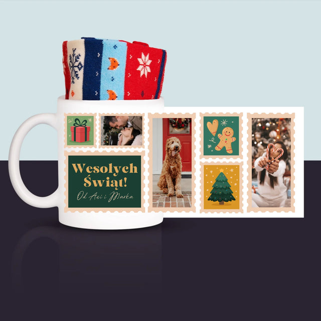 Fotokolaż: Świąteczne Znaczki Pocztowe - Zimowe Skarpetki w Kubku