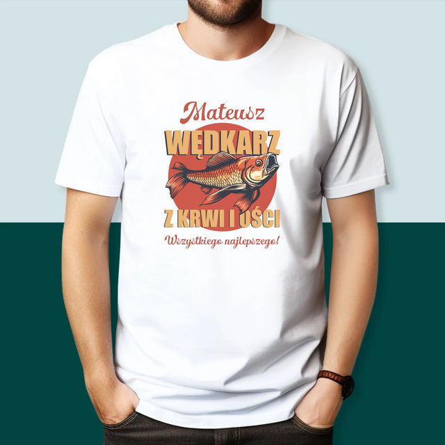 Imię i Podpis: Wędkarz z Krwi i Ości - Koszulka Męska z Nadrukiem