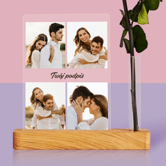 Fotokolaż: 4 Zdjęcia i Podpis - Wydruk Na Szkle Akrylowym z Różą