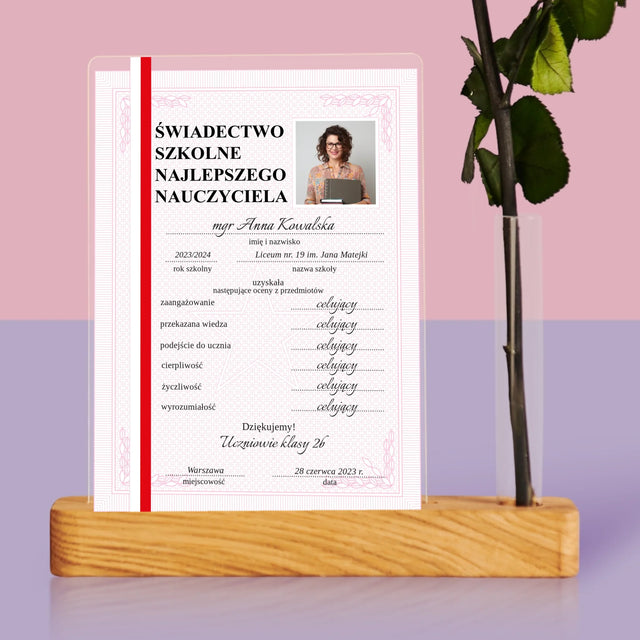 Zdjęcie i Podpis: Świadectwo Najlepszego Nauczyciela - Wydruk Na Szkle Akrylowym z Różą