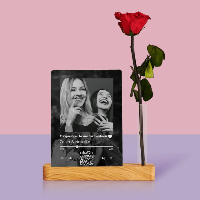 Zdjęcie i Podpis: Spotify z Kodem Qr Dla Przyjaciółki - Wydruk Na Szkle Akrylowym z Różą