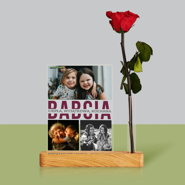 Fotokolaż: Babcia Cechy Charakteru - Wydruk Na Szkle Akrylowym z Różą
