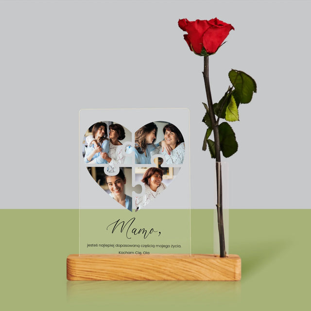 Fotokolaż: Puzzle Serce Dla Mamy - Wydruk Na Szkle Akrylowym z Różą